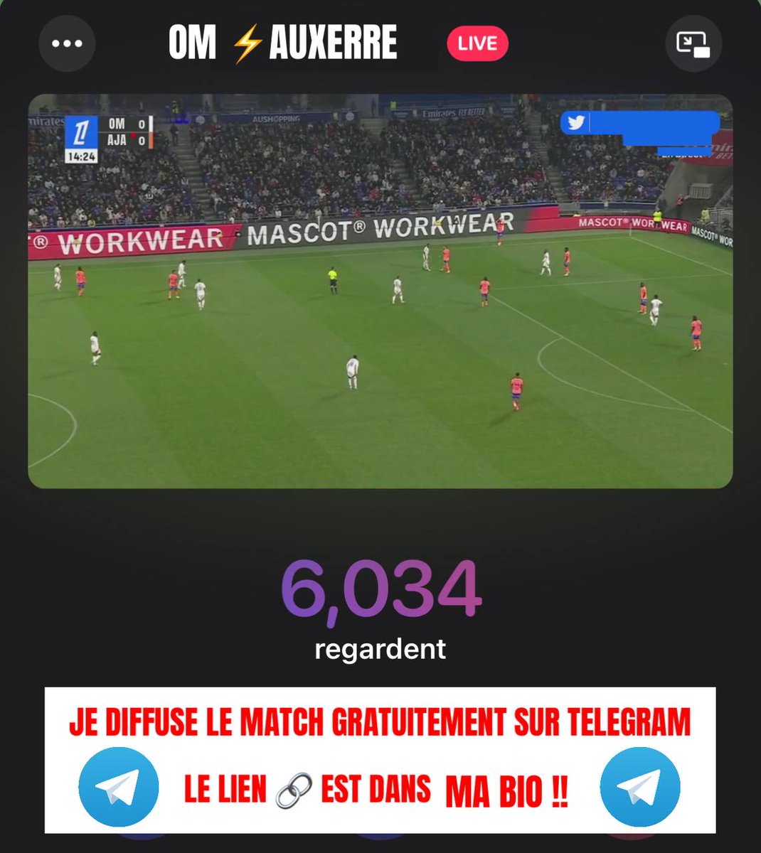 7menance619's tweet photo. STREAM DE FOOT GRATUIT 🔴

JE DIFFUSE EN STREAM LE MATCH DE MARSEILLE GRATUITEMENT 📺

LIEN TELEGRAM DANS 𝗠𝗔 𝗕𝗜𝗢 🔗

🅻🅸🆅🅴 ⇨ OM 🆚 AUXERRE ⇦

• LIKE/RT POUR VOIR LE LIVE❤️🔃

#OMAJA #TeamOm https://t.co/0Doqu2Egp3