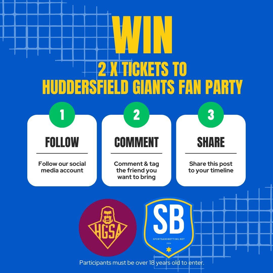 SportsnBetting's tweet photo. 🎉#HuddersfieldGiants FANS🎉

🎟️ WIN 2 Tickets to the #HGSA Fan Party and Away Shirt Launch on 22/11

🤞 To ENTER; please follow, comment AND share. (18+)

🟣 Away Shirt Launch
🟡 Meet the Players &amp; Special Guests
🟣  Disco &amp; Karaoke
🟡 + much more!

🎉 Winner announced 19th Nov https://t.co/Uk8zuUcLwj