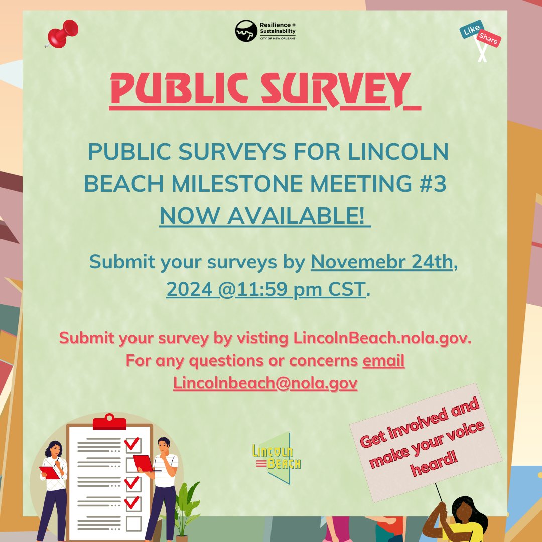 Your voice matters! Submit your survey for this past Lincoln Beach Milestone Meeting III today! 
Visit LincolnBeach.nola.gov to submit by Nov. 24th ⏰  and help us shape the future of Lincoln Beach! #LincolnBeach #NolaBeach #NewOrleansEast #NOE #HistoricBeach #NewOrleans