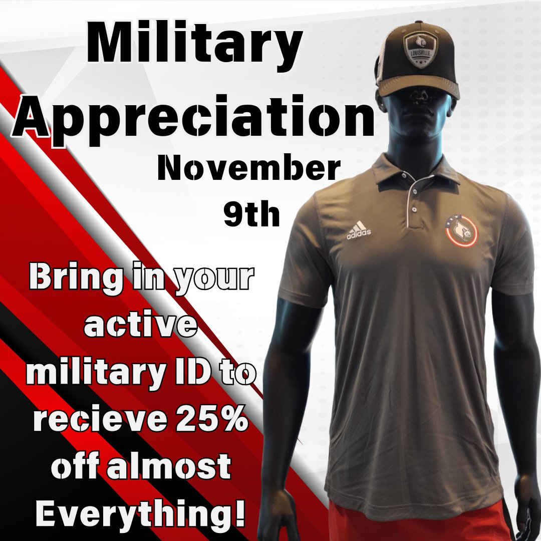 𝗠𝗶𝗹𝗶𝘁𝗮𝗿𝘆 𝗔𝗽𝗽𝗿𝗲𝗰𝗶𝗮𝘁𝗶𝗼𝗻:
November 9th is our White out and Military Game.
Doors for the event are at 10:30. Bring in your ACTIVE Military ID and receive a 25% off discount. Excludes Wht Out shirt.