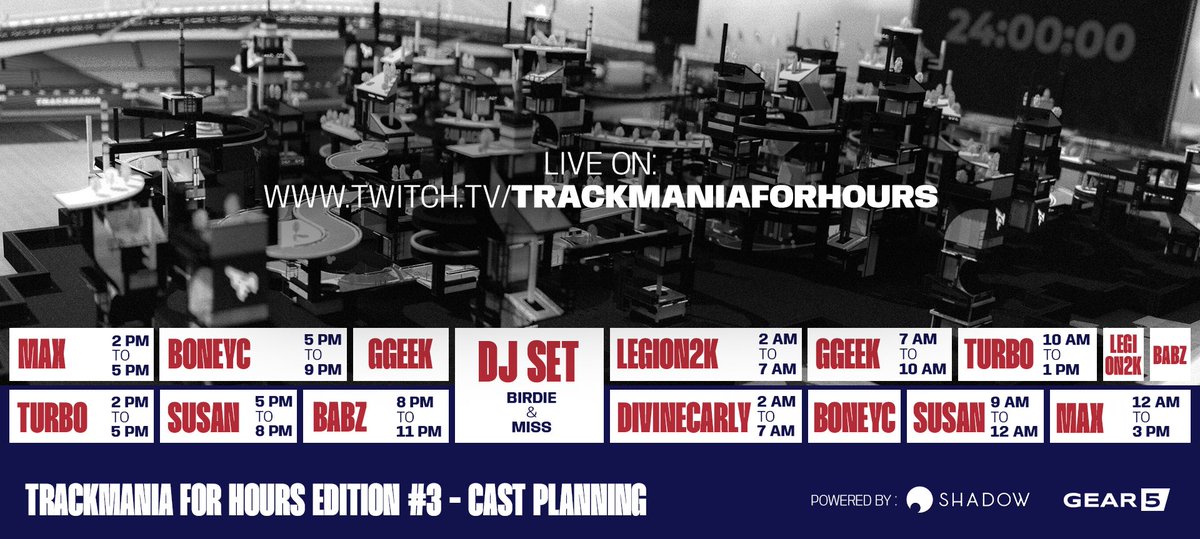 An amazing race deserves an amazing cast 😈

Join us from 2:30 pm CET on twitch.tv/trackmaniaforh… for live commentary, exclusive interviews and even a DJ party with <a href="/sonofabirdie/">BirdieTM</a> and <a href="/codecatt/">Melissa Geels 🏳️‍🌈</a>