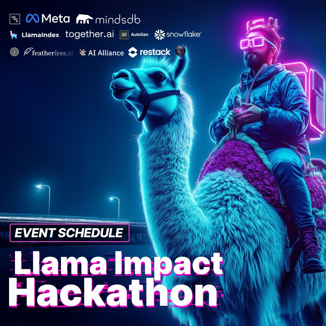 lablabai's tweet image. EVENT SCHEDULE - The Llama Impact Hackathon 🕐

Get the chance to meet wonderful people from AI at @Meta @MindsDB @llama_index @togethercompute #AutoGen @SnowflakeDB @Featherless @theaialliance @restackio @EdgeAGI &amp;amp; @getsolotech

Join us in SF: lu.ma/1mkqg22aJoin 
Online:…