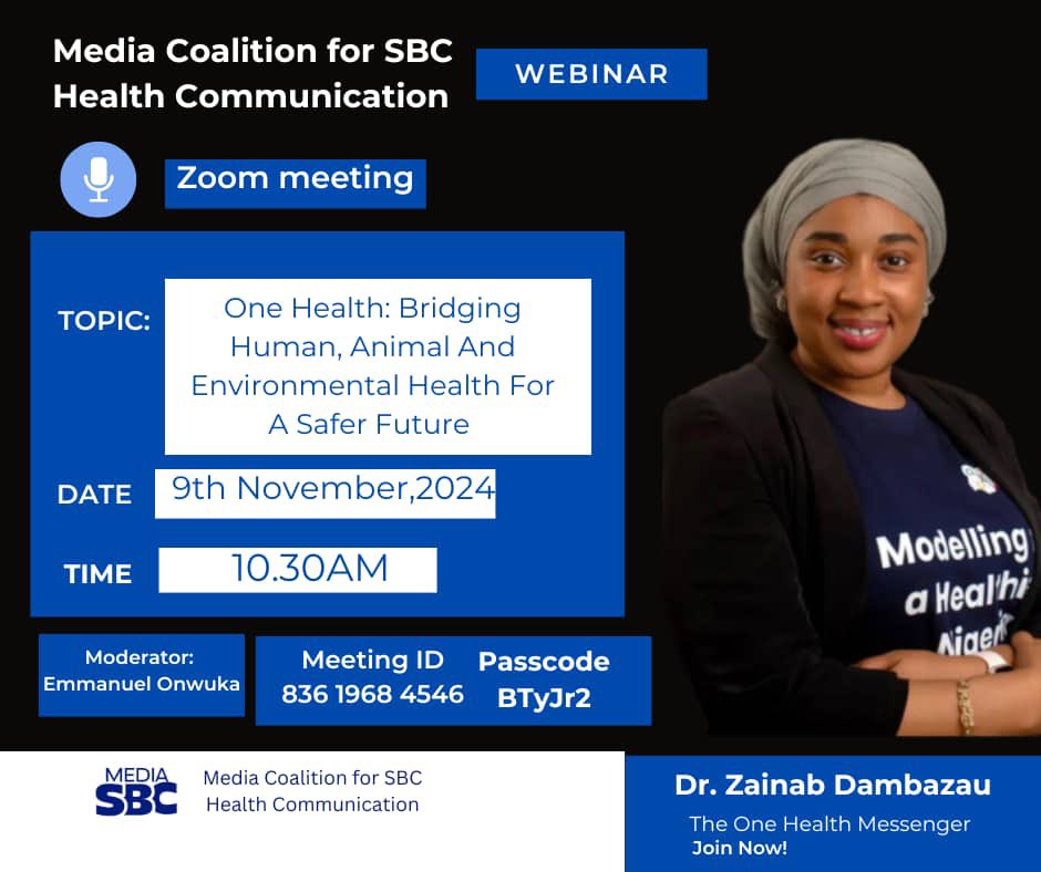 Dr_Xee's tweet photo. Topic: One Health: Bridging Human, Animal, and Environmental Health for a Safer Future

Nov 9, 2024 10:30 AM

Guest: Dr Zainab Dambazau
The One Health Messenger

Moderator: Emmanuel Onwuka

Join Zoom Meeting
https://t.co/Ac03t9f3BU

Meeting ID: 836 1968 4546
Passcode: BTyJr2 https://t.co/qTP600lnXQ