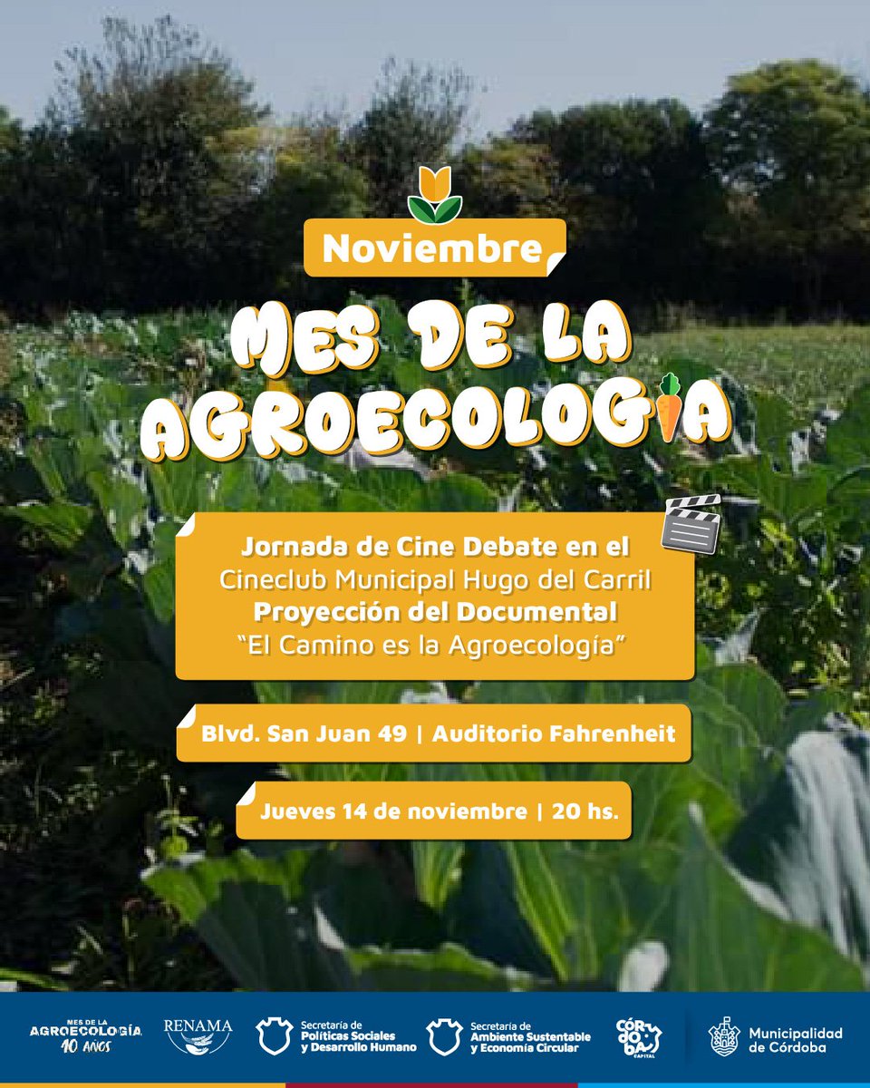 🎬 CINE Y AGROECOLOGÍA🍅

Como cada año en noviembre, se celebra el “Mes de la Agroecología” en nuestro país. En este marco vamos a llevar a cabo en el <a href="/cineclubmuni/">Cineclub Municipal</a> una jornada de cine debate junto a la Secretaría de Políticas Social  y <a href="/RENAMA_/">RENAMA_Agroecología</a>.🫱🏻‍🫲🏼
