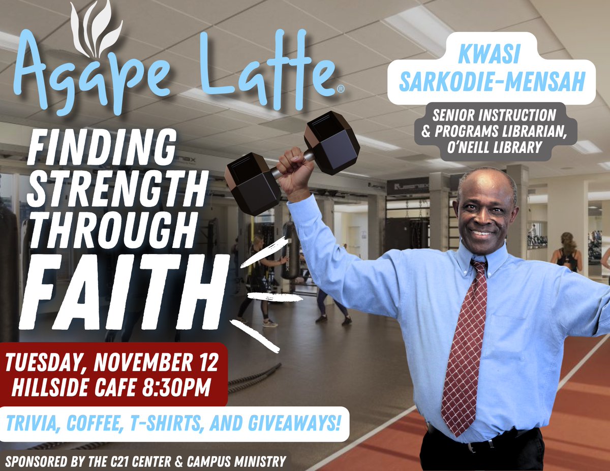 AgapeLatte's tweet photo. Agape Latte is back next Tuesday, November 12th at 8:30pm at the Hillside Cafe! Join us to hear Kwasi Sarkodie-Mensah’s inspiring faith story. While you listen and ask questions, enjoy trivia, coffee, dessert, t-shirts, and giveaways! Sponsored by the C21 Center &amp; Campus Ministry https://t.co/TEzS1j5LEn