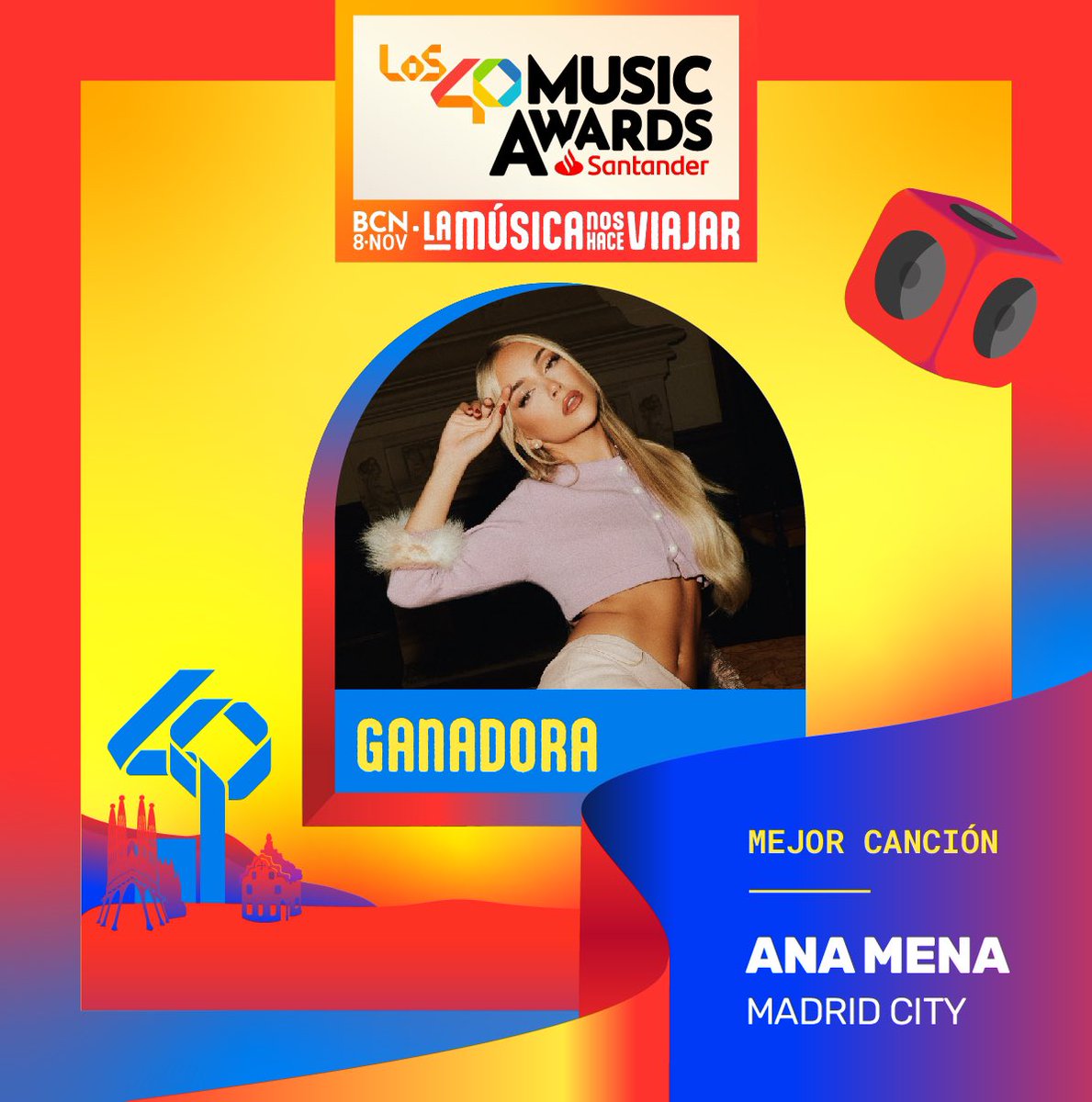 🩷 <a href="/AnaMenaMusic/">Ana Mena</a>  logra el award a MEJOR CANCIÓN de la categoría España  con “Madrid City” 🏆 en #LOS40MusicAwardsSantander