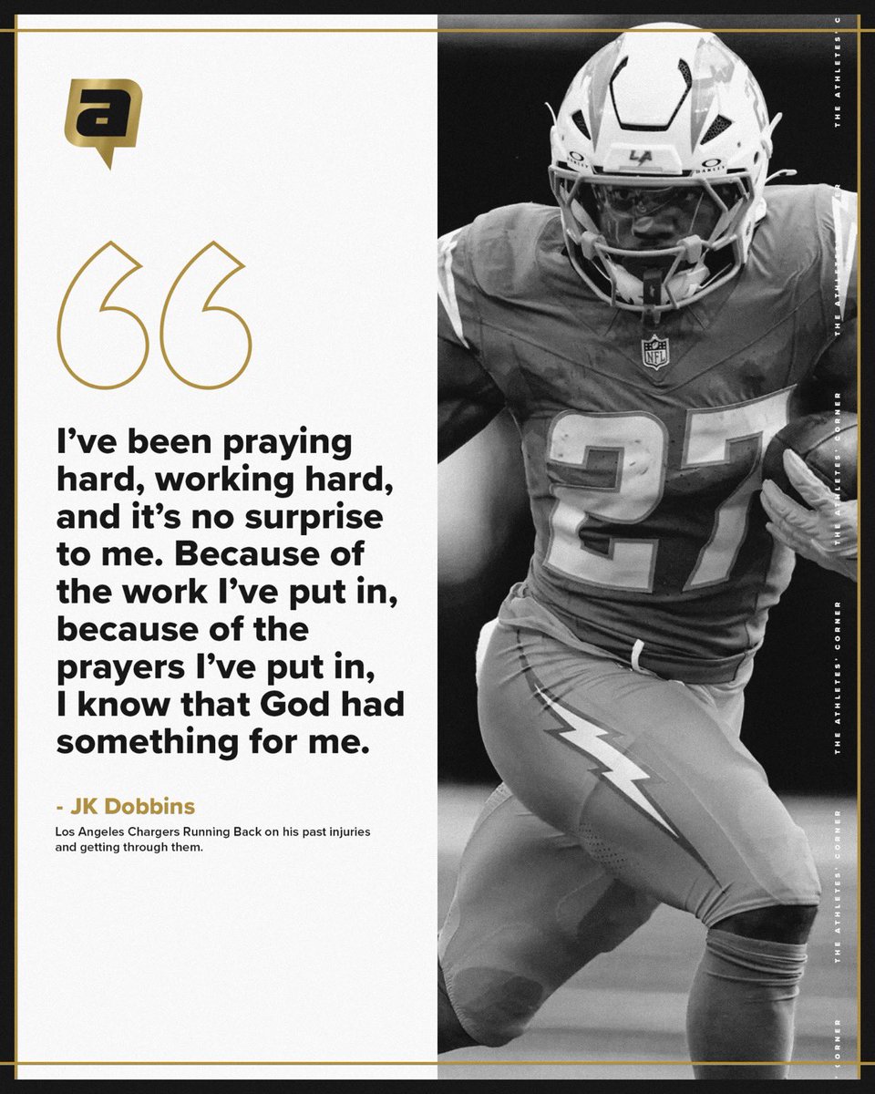 MLFootball's tweet photo. POWERFUL: #Chargers star RB JK Dobbins has overcome devastating injuries because of PRAYER. 

“I’ve been praying hard, working hard, and it’s no surprise to me. Because of the work I’ve put in, because of the prayers I’ve put in, I know that God had something for me.”

👏👏👏 https://t.co/kxx3RKJqAH