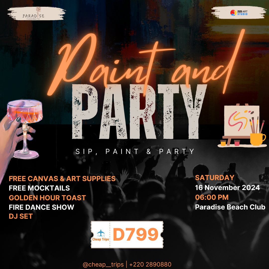 🎨Ready to sip, paint, and party? 🎨✨ Join us at Paradise Beach Club for a night of art, music, and self-expression! Golden hour toast, fire dance, and DJ vibes await. 

Only D799—book your spot now!
