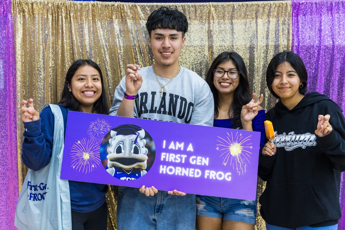 TCU's tweet photo. Happy #FirstGenDay! We are so thankful to all our incredible first-generation students for choosing to make TCU part of their journey! 💜🐸 Here’s to forging new paths and creating legacies. ✨ #TCUFirstGen #LeadOnTCU #TCUgratitude https://t.co/0P67dH2BR7