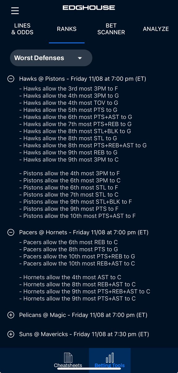 From our Ranks tool in the app - NBA defense cheatsheet for tonight’s slate

Hawks @ Pistons

Pacers @ Hornets

🚨🚨🚨 If you retweet this tweet we’ll DM you the full list
