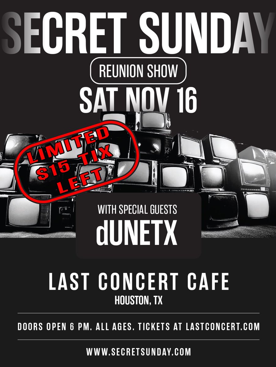 A week away from our show at <a href="/LastConcertCafe/">Last Concert Cafe</a> on Sat. Nov. 16 w/ <a href="/dunetx/">dUNE TX</a> &amp; we’re excited to perform our 2nd album TELEVISION from start to finish. Grab tix now &amp; help us celebrate the album’s 25th anni &amp; winner of the 1999 <a href="/HoustonPress/">Houston Press</a> Album of the Year 

secretsunday.com