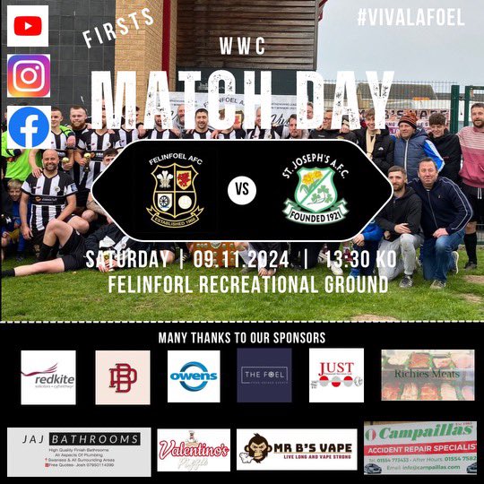 ⚽️WEEKEND FIXTURE⚽️

One game for Felinfoel this weekend sees our first team take on <a href="/StJosephs6/">St Joseph’s AFC</a> in the second round of the West Wales Cup. 

#vivalafoel