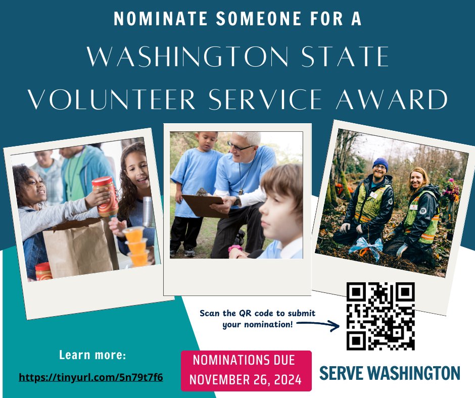 There's less than one month left to nominate someone for a Washington State Volunteer Service Award! If you know someone who loves to #ServeWA,  honor them by nominating them for an award! Nominations close at 11:59 p.m. on 11/26. servewashington.wa.gov/volunteer/wash…