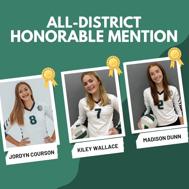 More post-season awards rolling in!  
Congratulations to all of our All-District Honorees!
1st Team-Reagan Nelson
2nd Team- Jenna Cochran and Faith Cunningham
Honorable Mention- Jordyn Courson, Kiley Wallace, and Madison Dunn
#villemade
🏐💚🏐💚🏐💚
