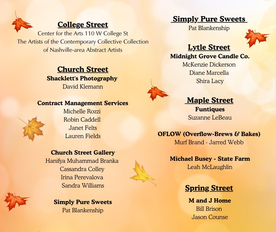 Come out and enjoy a beautiful, autumn evening.

Artists will be around the courthouse square and in local businesses around the square. It's a great way to enjoy your community and perhaps get started on your holiday shopping with a unique and one-of-a-kind gift.