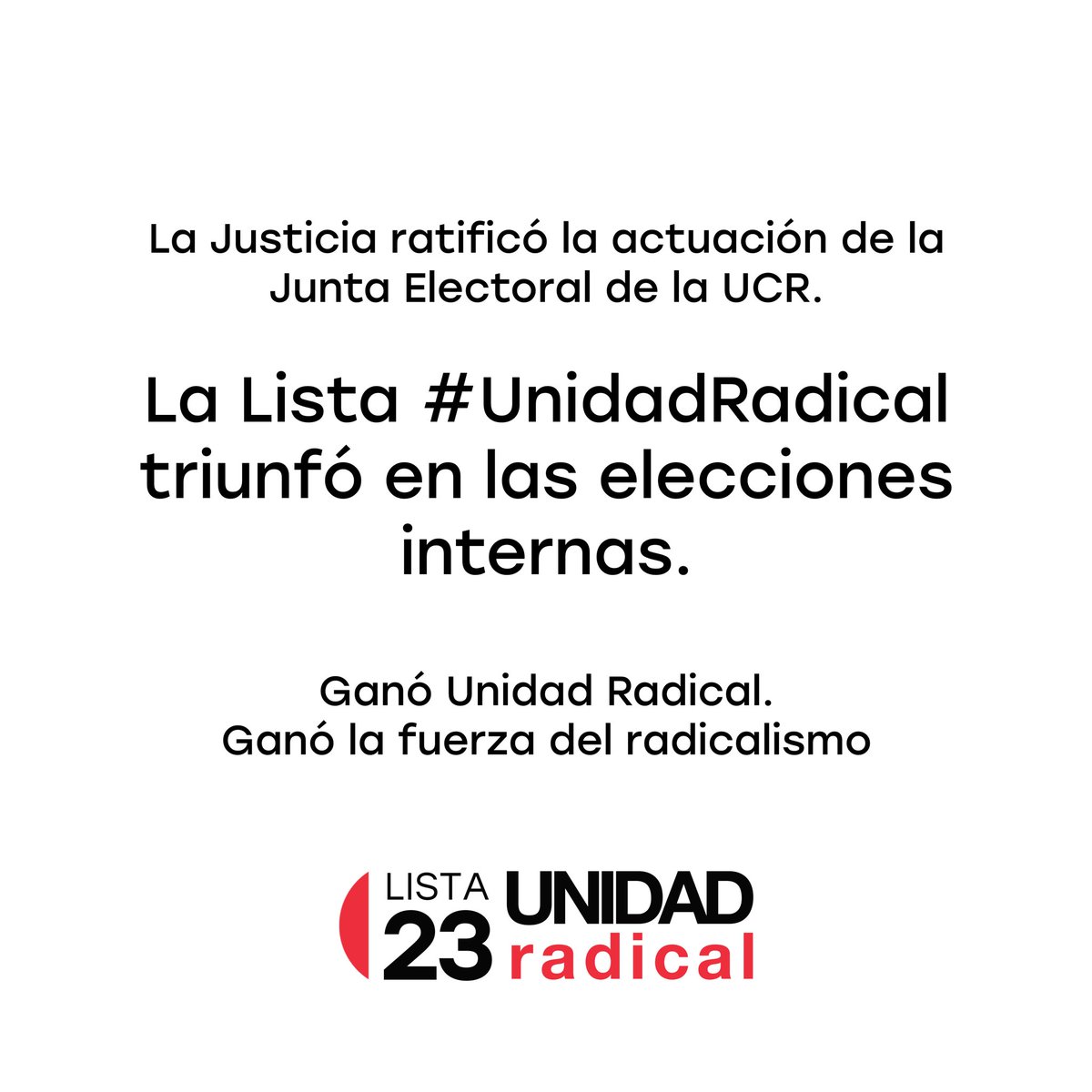 ¡La Justicia ratificó el triunfo de #UnidadRadical en las internas! 

🙌🏼 Ganó la fuerza y el compromiso del radicalismo. Este resultado refuerza nuestro camino y nos impulsa a seguir trabajando con convicción. ¡Adelante Radicales! 🇵🇱