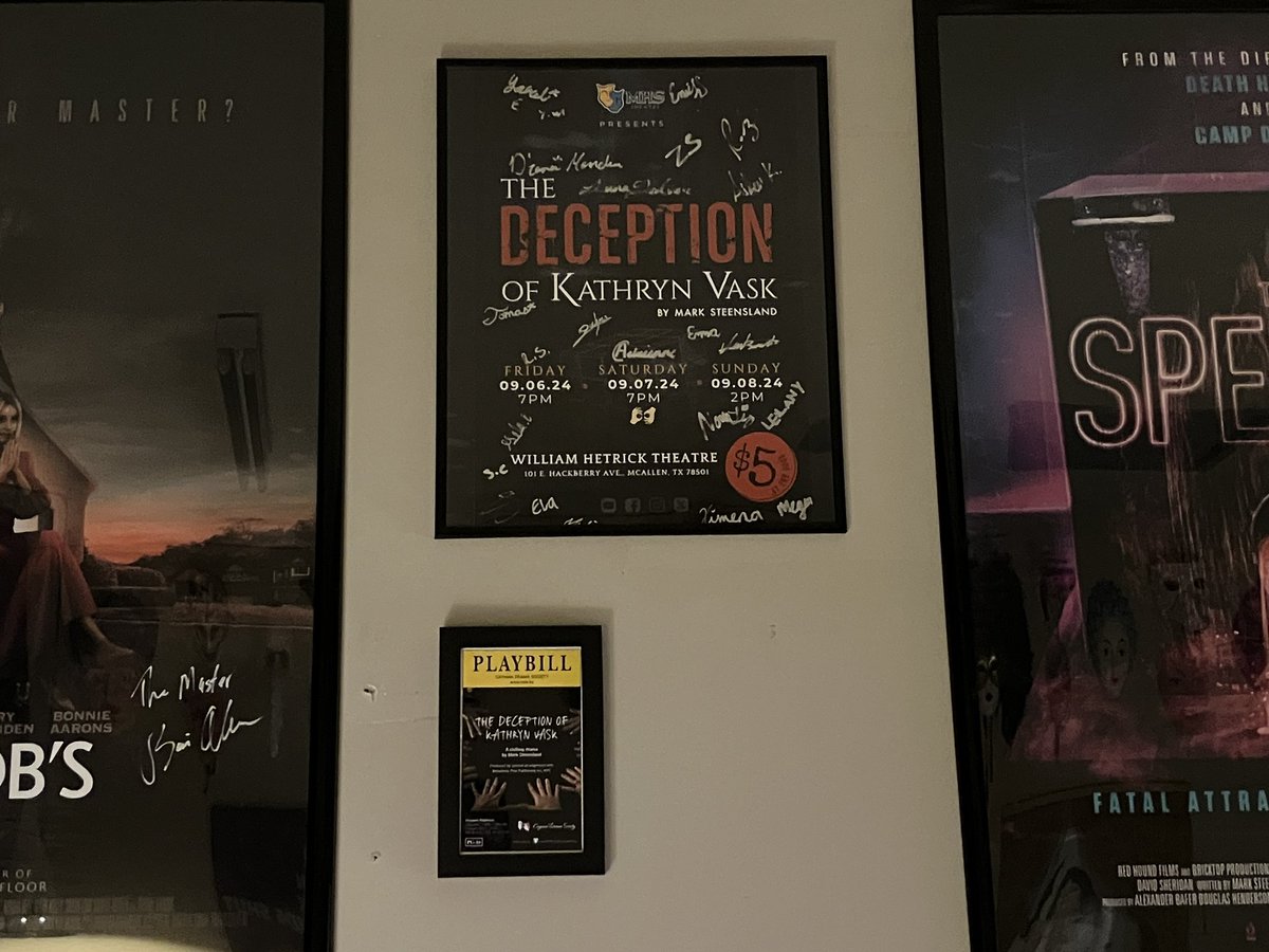 Thank you <a href="/memorialTHEATRE/">memorialTHEATRE</a> Thespian Troupe #769 for the autographed poster from your production of my play THE DECEPTION OF KATHRYN VASK! It’s home now, on the wall in my office, with a space below for the playbill after I have it framed. ❤️