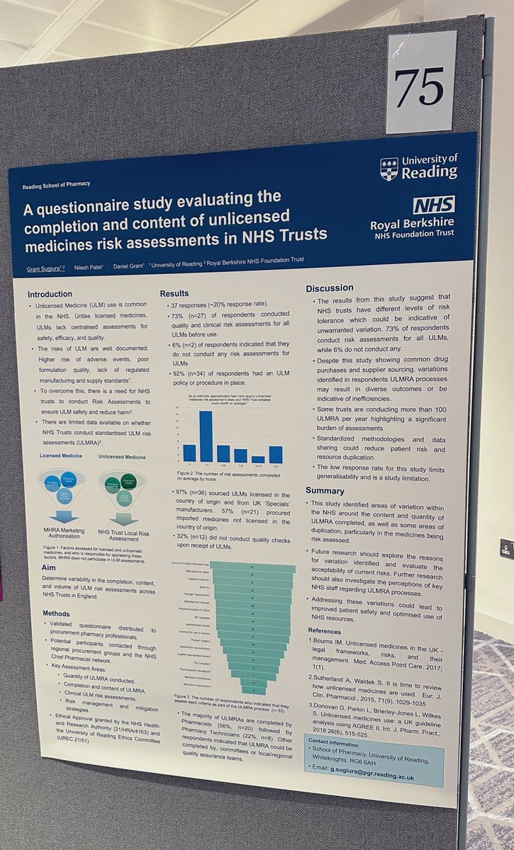 Poster presentation for RPS conference ✅

Unlicensed meds require their manufacturing quality, safety and efficacy to be assessed by pharmacy professionals procuring them. MHRA does it for licensed meds but not for ULM.