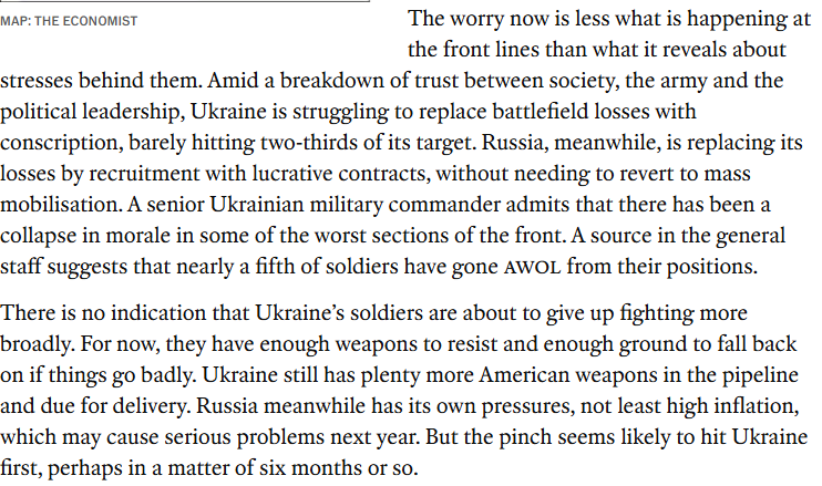 RALee85's tweet photo. "Ukraine is struggling to replace battlefield losses with conscription, barely hitting two-thirds of its target. Russia, meanwhile, is replacing its losses by recruitment with lucrative contracts, without needing to revert to mass mobilisation. A senior Ukrainian military commander admits that there has been a collapse in morale in some of the worst sections of the front. A source in the general staff suggests that nearly a fifth of soldiers have gone AWOL from their positions."
https://t.co/zYKZIFhHwC