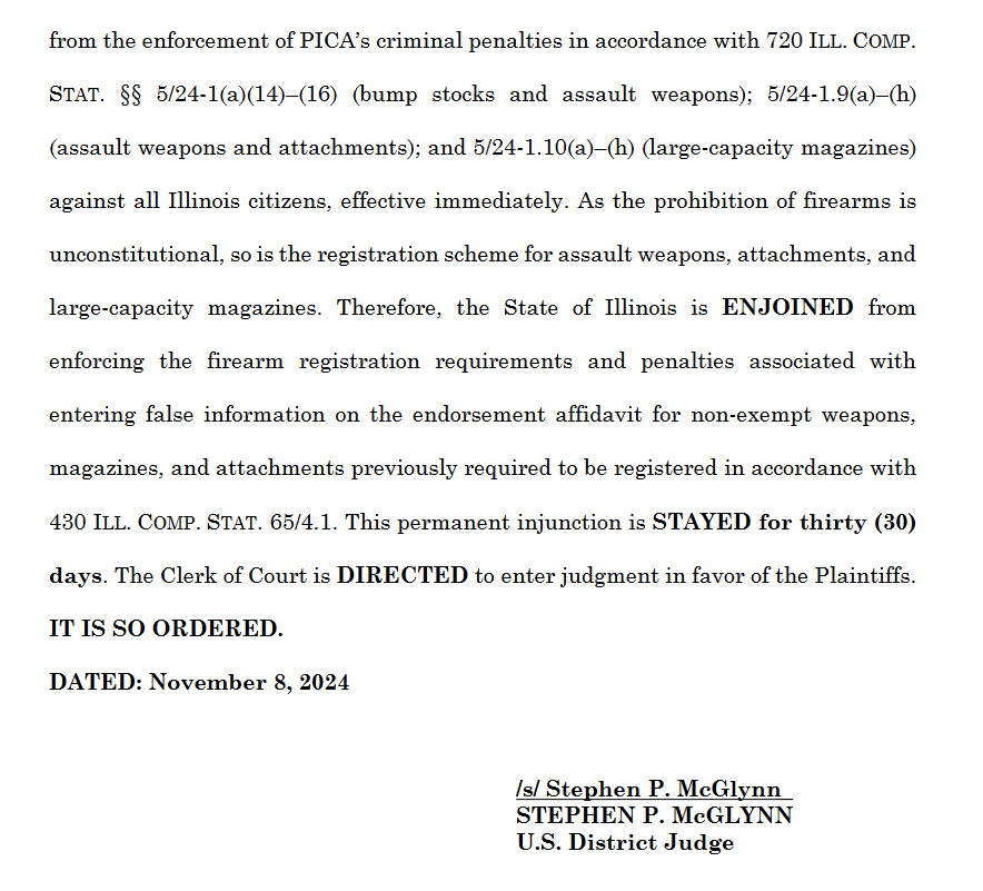 FPC WIN: In a 168-page opinion, an Illinois federal judge has struck down the state's "assault weapon" and magazine bans. The judge stayed the decision for 30 days to give the state time to appeal: firearmspolicy.org/harrel