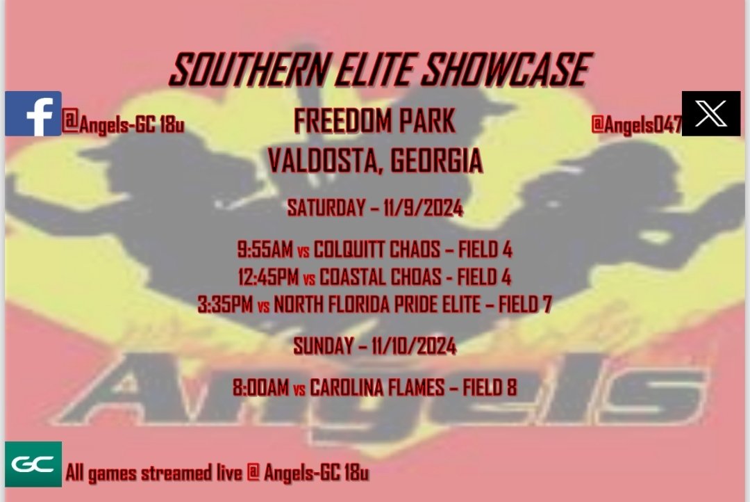 Angels-GC will be in action in our first tournament this weekend! Below is the schedule if you want to tune in on Gamechanger!