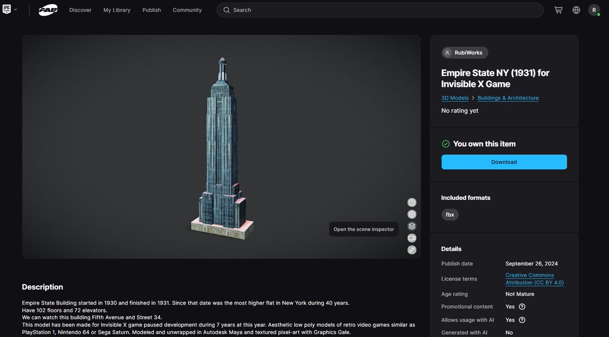 ¡Estamos ya en la nueva store de #UnrealEngine! Si buscáis "Empire State" podéis bajar este emblemático edificio de forma gratuita con licencia CC BY 4.0 😊 <a href="/EpicGamesES/">Epic Games ES</a>