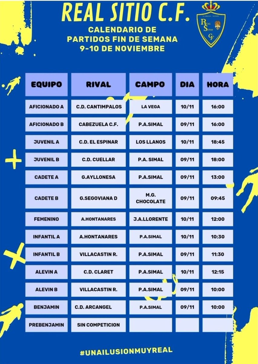 Partidos y horarios para este fin de semana. 💙💛
#RealSitioCF
#UnailusionmuyReal