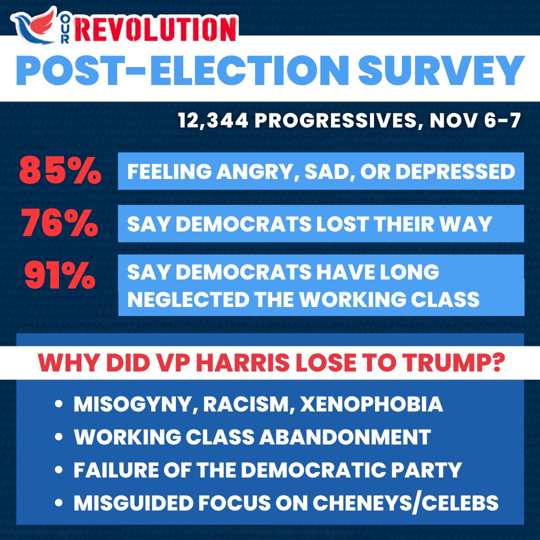 OurRevolution's tweet image. In our post-election survey of more than 12,000 progressives — 76% said they believe the Democratic Party has lost its way, and 91% believe the Party has long neglected the multiracial working class.

85% told us they’re feeling Angry, Sad, and Depressed, and the rest said…