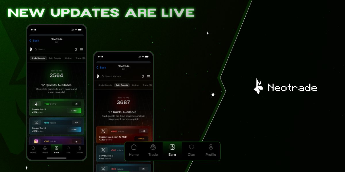 ✨ We're excited to announce that Neotrade has been updated with NEW features!

• Streamlined Menu Navigation
• Social Quests
• Raid Quests

Coming Soon: Quest Leaderboards, Content Center,  Enhanced Homepage, and Trading Functionality! 📈