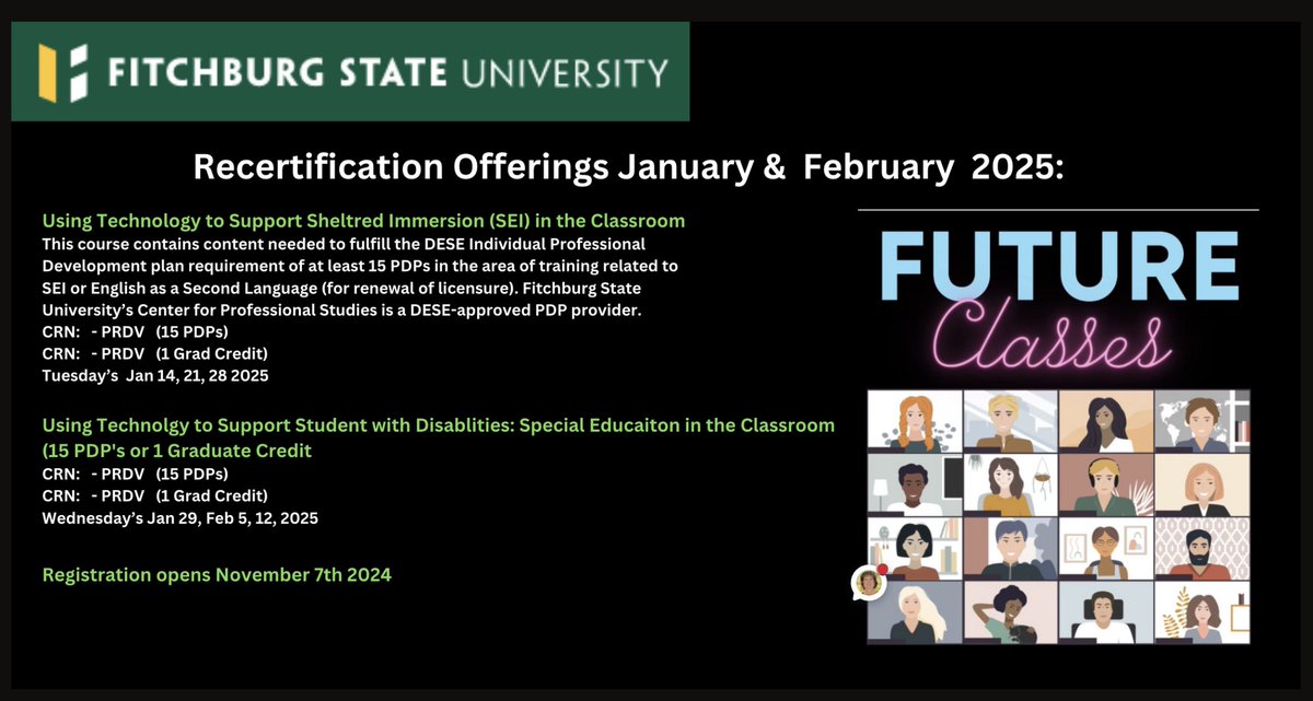 Craig Sheil (@csheil) on Twitter photo Looking for recert classes? <a href="/mmarotta/">mmarotta</a> & I are offering two classes at <a href="/Fitchburg_State/">Fitchburg State</a> in Jan/Feb 2025
Using Technology to Support Sheltered English Immersion (SEI) in the Classroom fitchburgstate.edu/academics/contā¦
Support students with disabilities fitchburgstate.edu/academics/cont⦠#nhed Looking for recert classes? <a href="/mmarotta/">mmarotta</a> & I are offering two classes at <a href="/Fitchburg_State/">Fitchburg State</a> in Jan/Feb 2025
Using Technology to Support Sheltered English Immersion (SEI) in the Classroom fitchburgstate.edu/academics/contā¦
Support students with disabilities fitchburgstate.edu/academics/cont⦠#nhed