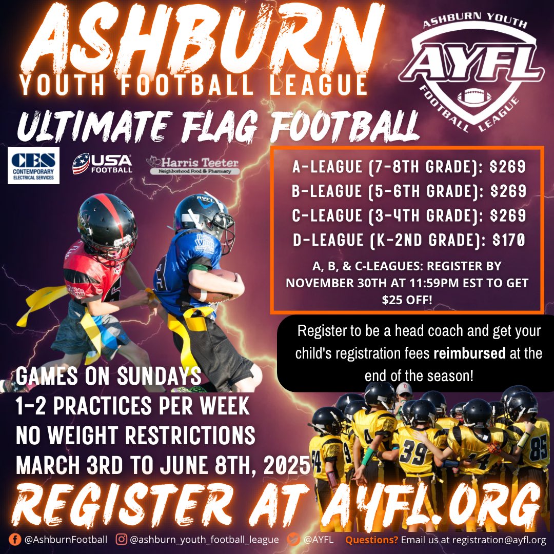 REMINDER: Register before November 30th to receive $25-off (A, B, C-leagues only)! Sign up today to save!

#AYFL #NOVA #Ashburn #Loudoun #YouthFootball #Football #FlagFootball
