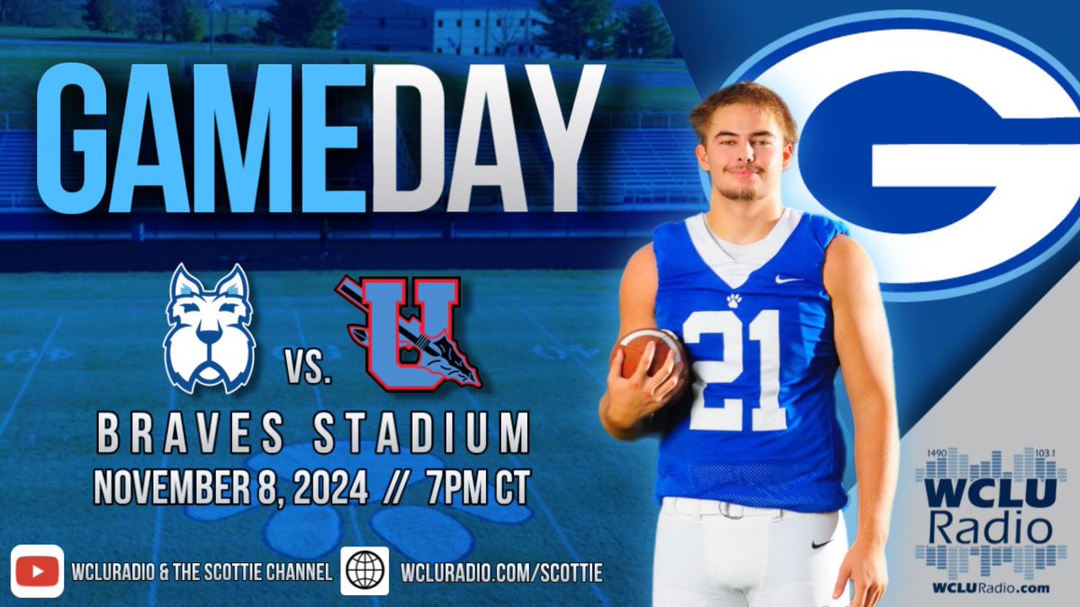 IT’S GAMEDAY! Join us tonight at 6:30PM CT as we broadcast Glasgow Scottie Football as they travel to Morganfield to take on the 8-2 Union County Braves in the first round of the Class 3A Playoffs! 🐾🔵⚪️