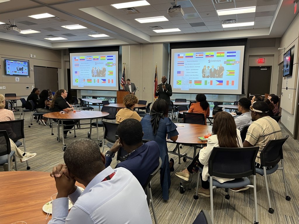 ChathamCoSch's tweet photo. Yesterday evening, we hosted a celebration for our international teachers at a reception at Central Services and showed them our appreciation. Fun fact, most of our international teachers hail from Colombia and Jamaica! #OneChatham https://t.co/2TuswUDaFK