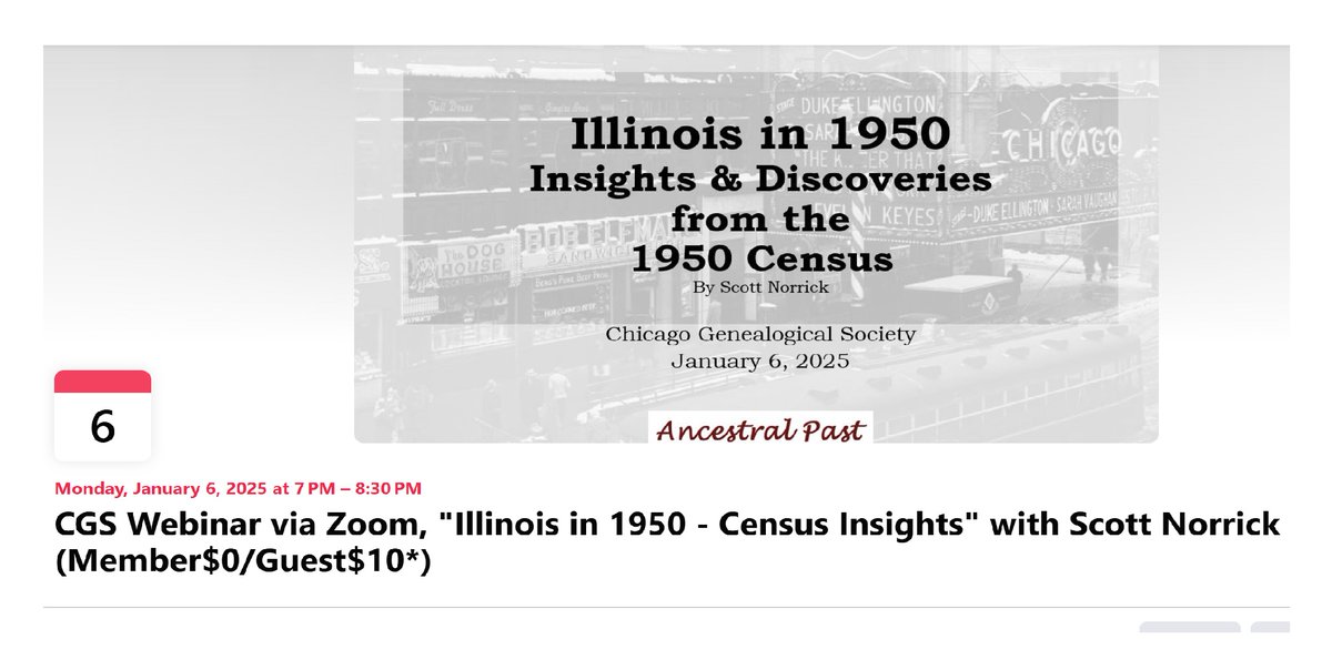 Join us on Jan.6 for our CGS Webinar via Zoom: “Illinois in 1950 – Insights &amp; Discoveries from the 1950 Census” with Scott Norrick from 7:00-8:30pm central (CGS Member $0/Guest $10). Registration is required for all. Details on our website chicagogenealogy.org/event-5775366 #ChicagoGenSoc