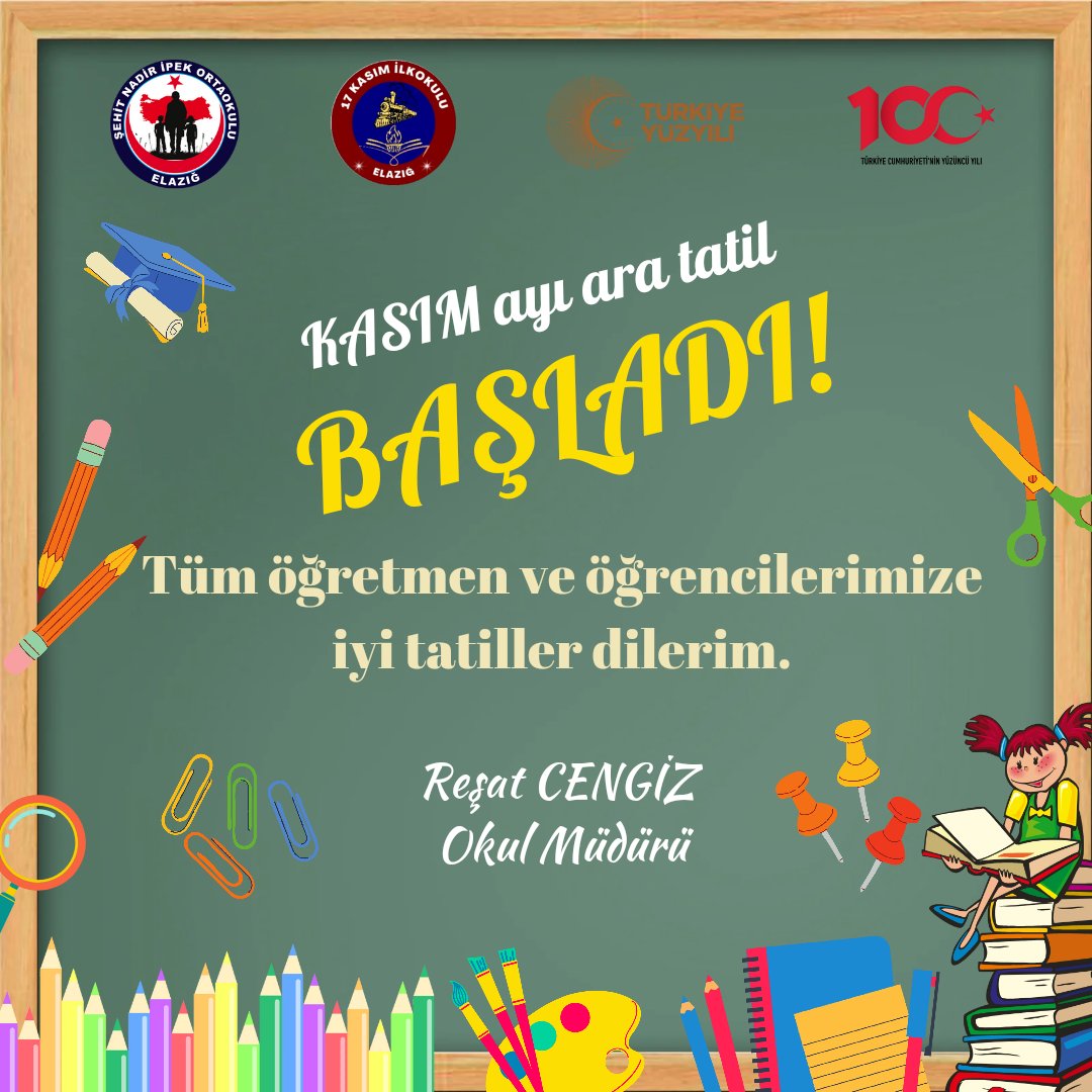 Tüm öğrenci ve öğretmenlerimize iyi tatiller diliyorum.
<a href="/elazigmem/">Elаzığ İl Мillî Eğitim Müdürlüğü</a> <a href="/tcmeb/">Millî Eğitim Bakanlığı</a>