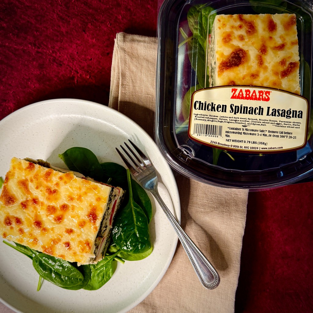 It's a struggle to perfect the art of even, creamy layers in a lasagna; but the Zabar's kitchen has it down pat with our chicken and spinach lasagna! Find in the deli section, ready to heat and enjoy!