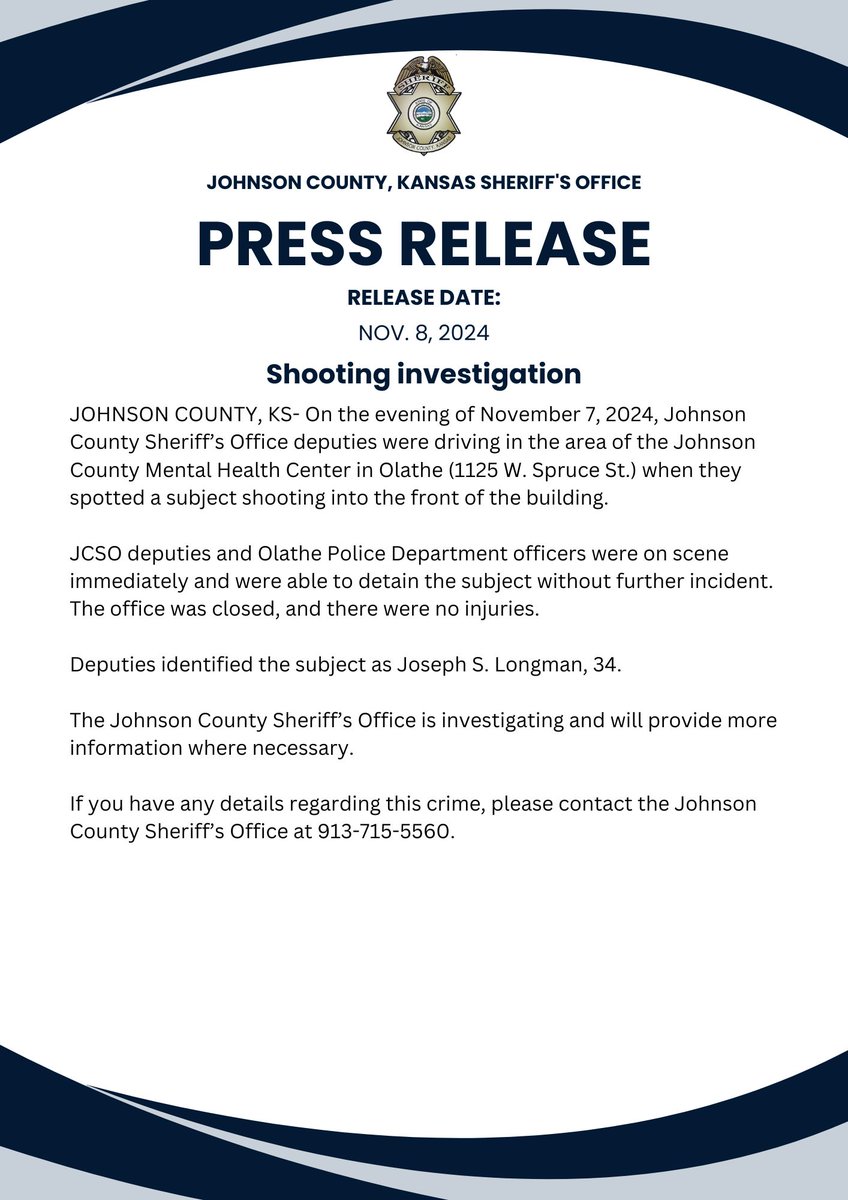 Please see this press release regarding a shooting incident that happened Thursday night at the Johnson County Mental Health Center on Spruce St. in Olathe.