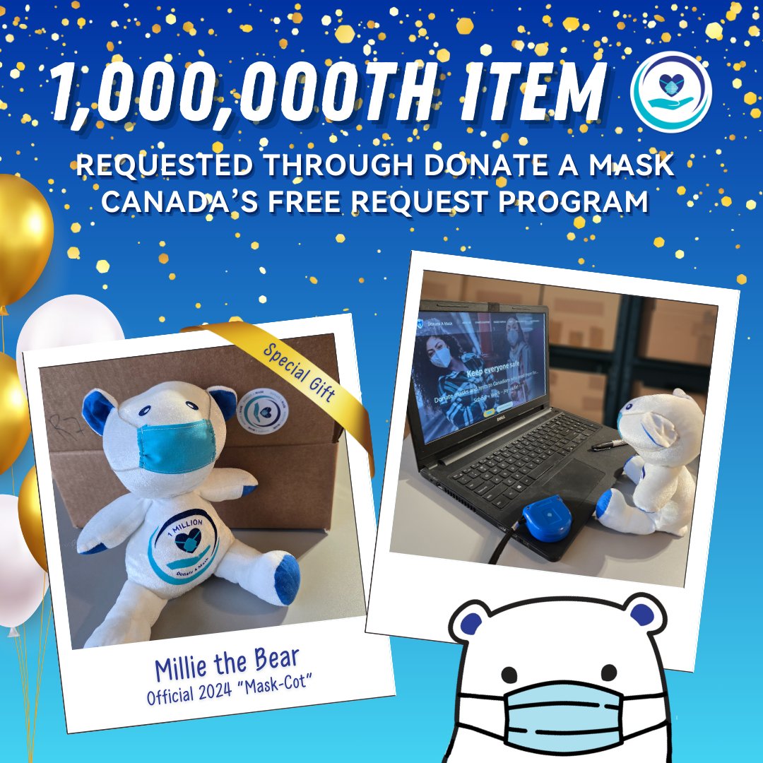 DonateMask's tweet photo. Donate A Mask has reached a big milestone. The 1,000,000th item has been requested through our free Request Program! 🎉
To celebrate, a lucky requester will receive this one-of-a-kind gift created by a Caring Canadian Artist. 🎁
Meet our official "Mask-Cot" Millie the Bear! 🐻‍❄️💙 https://t.co/r9bZKwNYmI