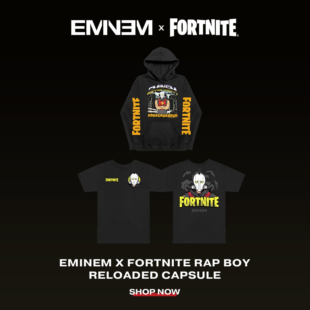 Eminem's tweet photo. Back at the crib, playin' Fortnite with your grandma!!! 👵🏼 Brand new @FortniteGame collab - EMINEM x FORTNITE #RapBoyReloaded capsule out now - https://t.co/J3F45PQ5VZ https://t.co/h3RQF6TUqJ