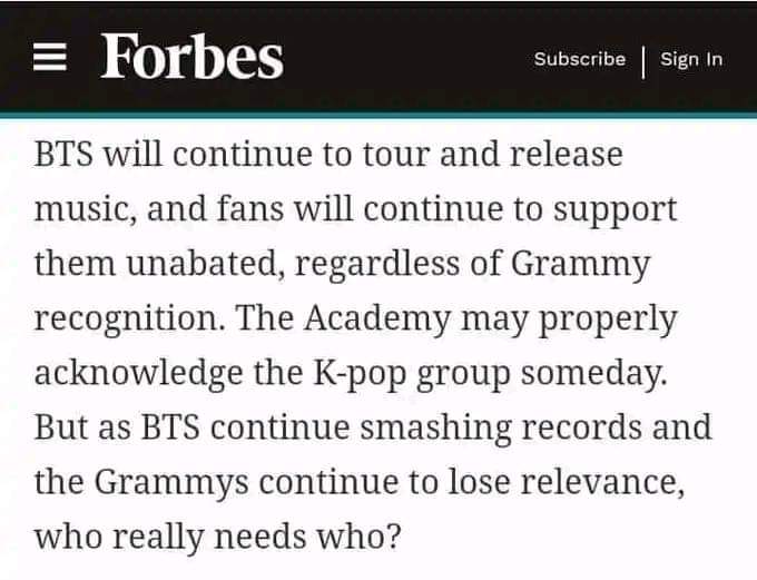 mhereonlyforbts's tweet photo. Remember when Forbes said this:

"but as BTS continues smashing records and the Grammy's  continued to lose relevance,who really needs who?"

LOUDER🗣 https://t.co/NclzKYbRJr
