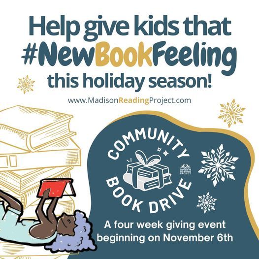 Madison Reading Project launched their 5th Annual Community Book Drive! Their goal is to raise $110,000 &amp; give away 20,000 free books to kids this holiday season.  📚🎄 Stop by any Park Bank branch between now and 12/6/24 to donate, learn more: buff.ly/4hIueUu.
