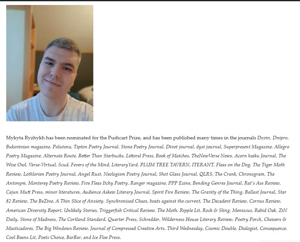 Mykyta Ryzhykh is an experimental writer from #ukraine. We are honored to publish a new #flashfiction piece at ice floe press <a href="/IcefloeP/">IceFloe Press</a> M. is not on social media so give the work a read and a boost. 

SHOT  - Flash Fiction by Mykyta Ryzhykh icefloepress.net/2024/11/08/sho…