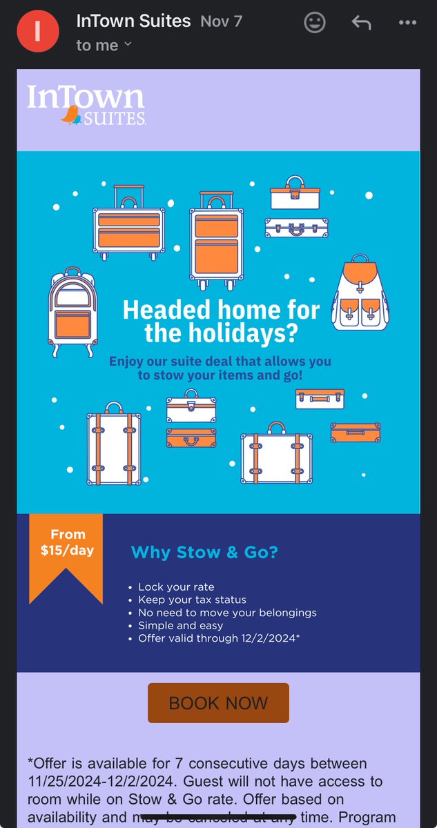 MarkKasten1966's tweet photo. @InTown_Suites 
Wish this wasn’t fake advertisement.  
I have been on 4 vacations since moving in.  
Manager at Louisville Westport Road location doesn’t honor this ad. https://t.co/xg8uYQSgzB