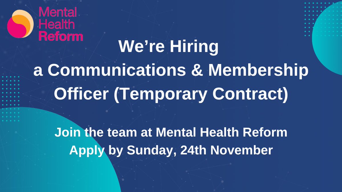 Mental Health Reform (@mhreform) on Twitter photo 🚨 We're hiring!
We are recruiting a Communications & Membership Officer (Temporary Contract) to join our team.
The closing date for applications is Sunday, November 24th.
Apply here 👇
mentalhealthreform.ie/news/were-hiri…
#JobFairy #MentalHealth #CharityJobs #PRJobs 🚨 We're hiring!
We are recruiting a Communications & Membership Officer (Temporary Contract) to join our team.
The closing date for applications is Sunday, November 24th.
Apply here 👇
mentalhealthreform.ie/news/were-hiri…
#JobFairy #MentalHealth #CharityJobs #PRJobs