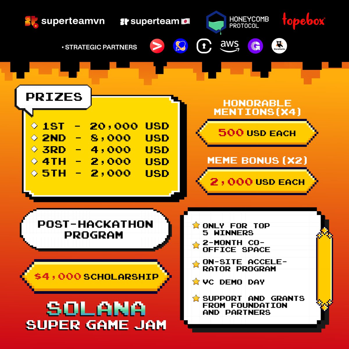 What's in it for you to join Solana Super Game Jam, other than learn from web2 &amp; web3 gaming OGs like <a href="/honeycompressor/">chief</a> <a href="/SolPlay_jonas/">Jonas Hahn</a> <a href="/Chrizhuu/">Chrizhuu</a> &amp; more?

You can:
– Share a $50K+ prize pool
– Earn $4K in schorlarship to our onsite accelerator

Register ➡️ dub.sh/2024-gamejam-x