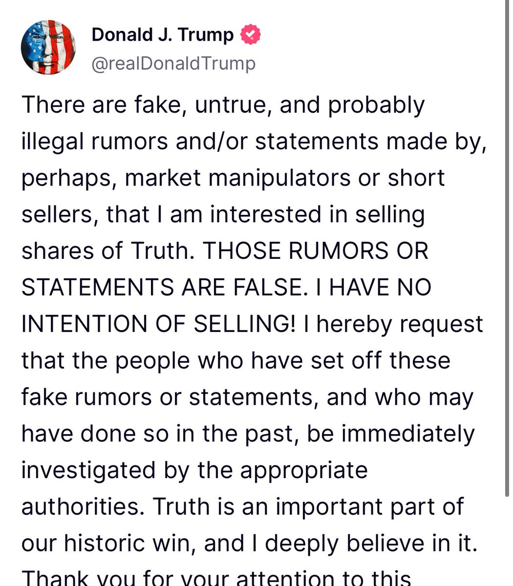 xMarketNews's tweet photo. BREAKING NEWS🚨 DONALD TRUMP CALLS FOR AN INVESTIGATION INTO SHORT SELLERS WHO MADE FAKE RUMORS REGARDING $DJT https://t.co/EWJUfR9KNE