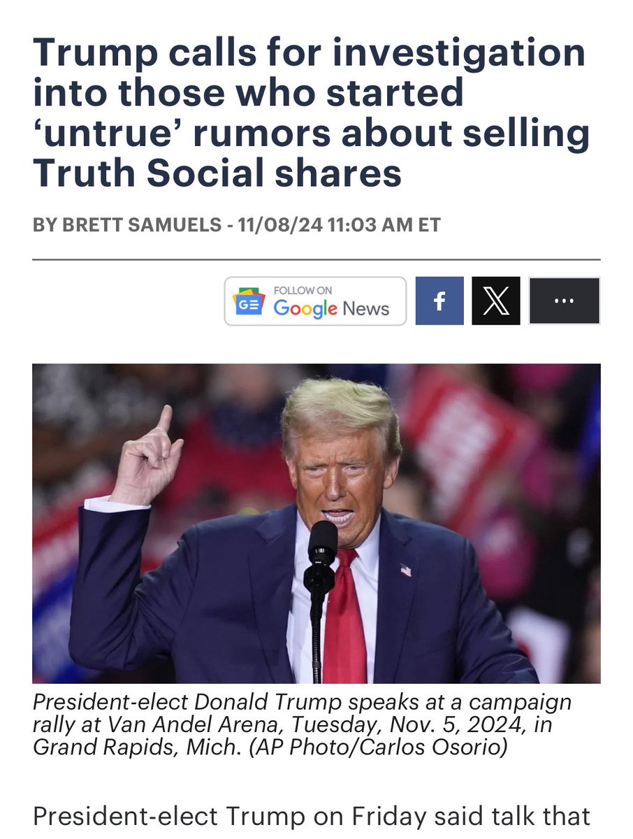 xMarketNews's tweet photo. BREAKING NEWS🚨 DONALD TRUMP CALLS FOR AN INVESTIGATION INTO SHORT SELLERS WHO MADE FAKE RUMORS REGARDING $DJT https://t.co/EWJUfR9KNE