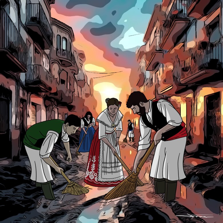 regonlinemurcia's tweet photo. Ilustración de @Fran_Art 
en honor a todos los voluntarios que han acudido a los diferentes pueblos afectados por la DANA https://t.co/apgk9M6Z2Z