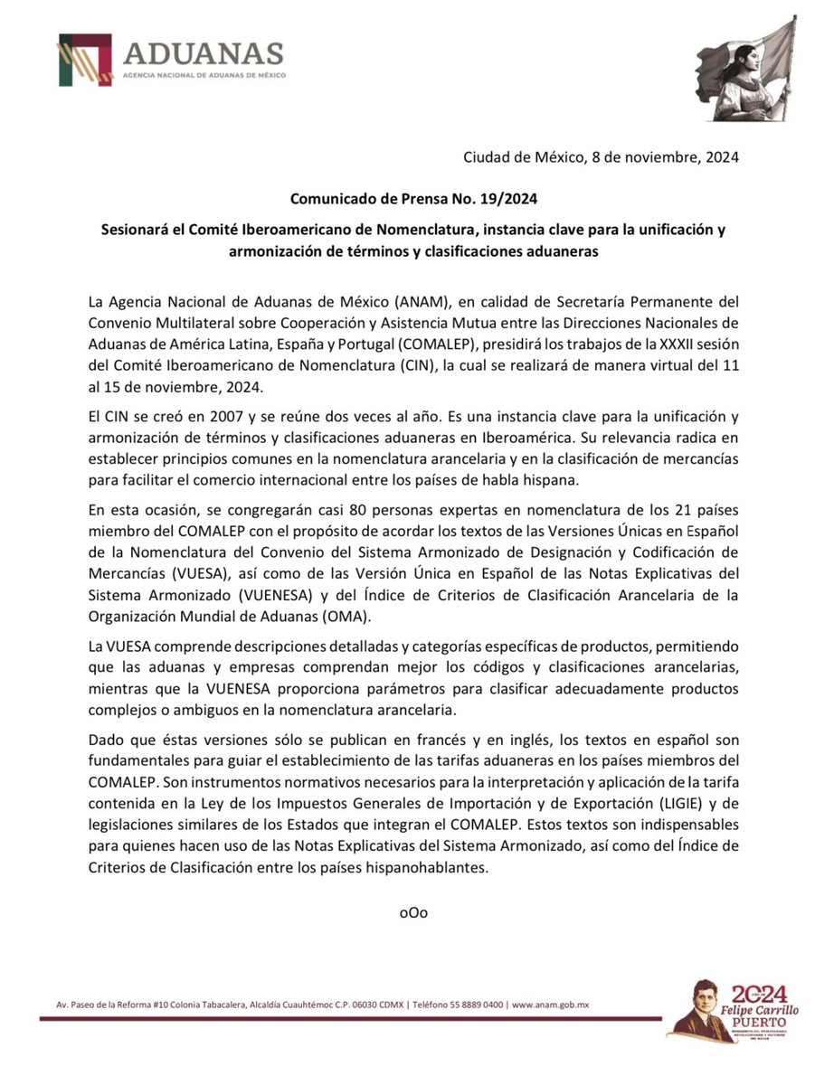 AduanasMx's tweet photo. #ANAMInforma 🛃
🎯 Sesionará el Comité Iberoamericano de Nomenclatura #CIN, instancia clave para la unificación y armonización de términos y clasificaciones aduaneras
🔰La #ANAM en calidad de Secretaría Permanente del #COMALEP presidirá los trabajos de la XXXII sesión del #CIN, la cual se realizará de manera virtual del 11 al 15 de noviembre, 2024.
📰 Comunicado https://t.co/CCZWfah8Fn