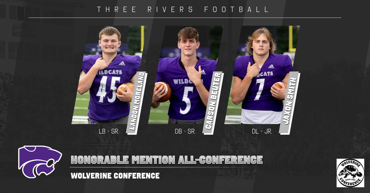 Three Rivers High School Football (@trwildcat) on Twitter photo The Wildcats had nine student-athletes named to the Wolverine All-Conference Teams. Jace Gray was selected as the conference's Defensive Captain (DPOY) and to the 1st Team. Congratulations to those who were honored!!! #cat #purplepride <a href="/trhswildcats/">Three Rivers Athletics</a>
threeriverswildcats.org/2024/11/08/foo… The Wildcats had nine student-athletes named to the Wolverine All-Conference Teams. Jace Gray was selected as the conference's Defensive Captain (DPOY) and to the 1st Team. Congratulations to those who were honored!!! #cat #purplepride <a href="/trhswildcats/">Three Rivers Athletics</a>
threeriverswildcats.org/2024/11/08/foo…